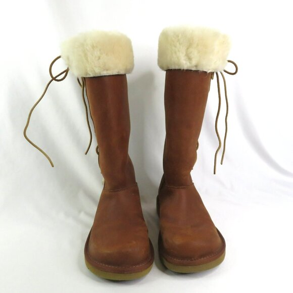 UGG Upside Boots  Size 9 Tall Leather Shearling Lace Up Chestnut Brown Flat Sole - Picture 4 of 9